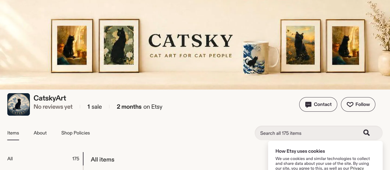 The CatskyArt shop on Etsy — cat art for cat people
