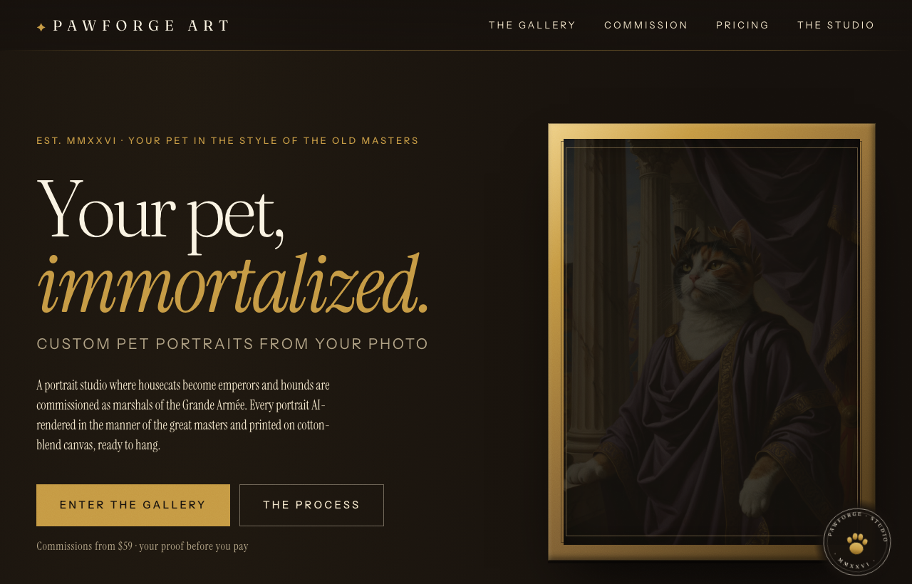 PawForge Art — custom pet portraits in the style of the Old Masters